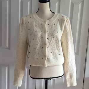 Nanette Lepore Cream Sequin-Embellished Knit Cardigan with Multicolor Gems
